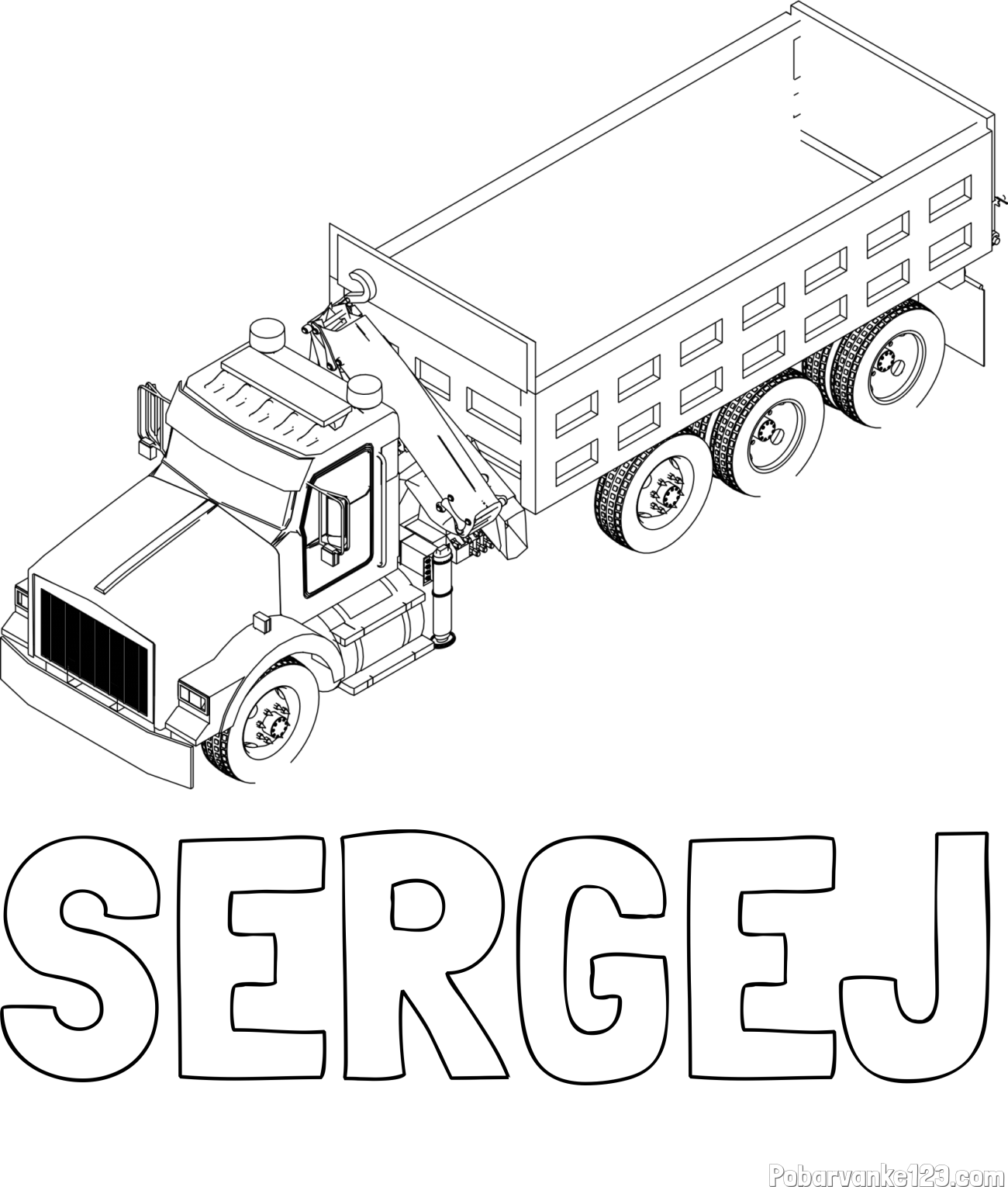 Pobarvanka imena SERGEJ in pobarvanka velikega tovornjaka z dvigalko za nakladanje