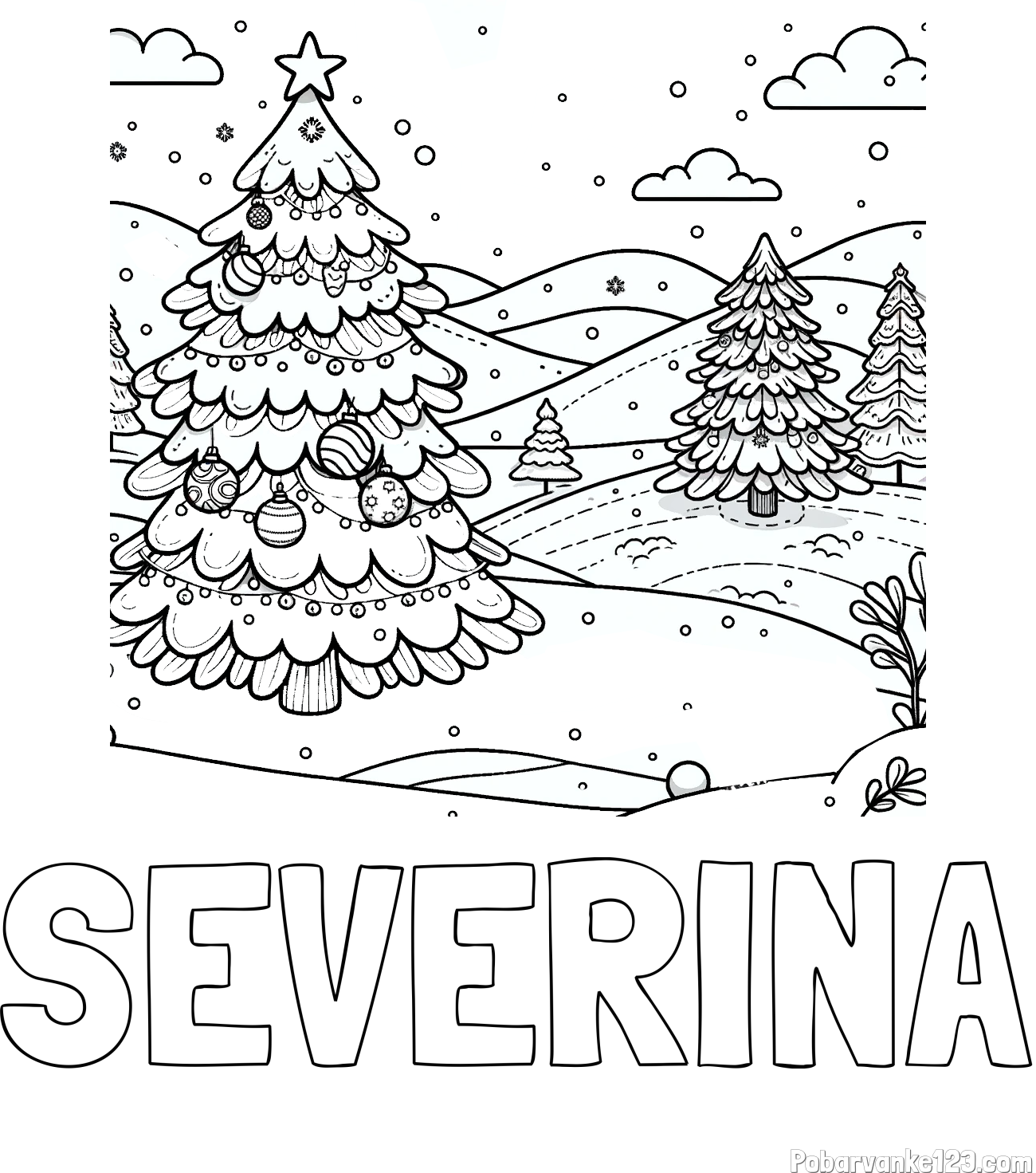 Pobarvanka imena SEVERINA in pobarvanka božične smrečice v naravi