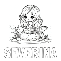 Online izdelana pobarvanka - Pobarvanka imena SEVERINA in pobarvanka prikupne morske deklice, ki sedi na kamnu ob obali