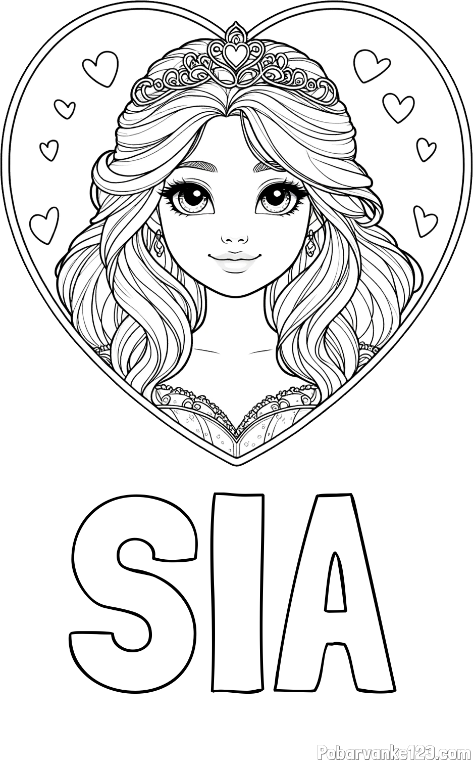 Pobarvanka imena SIA in pobarvanka princeske ter srčkov
