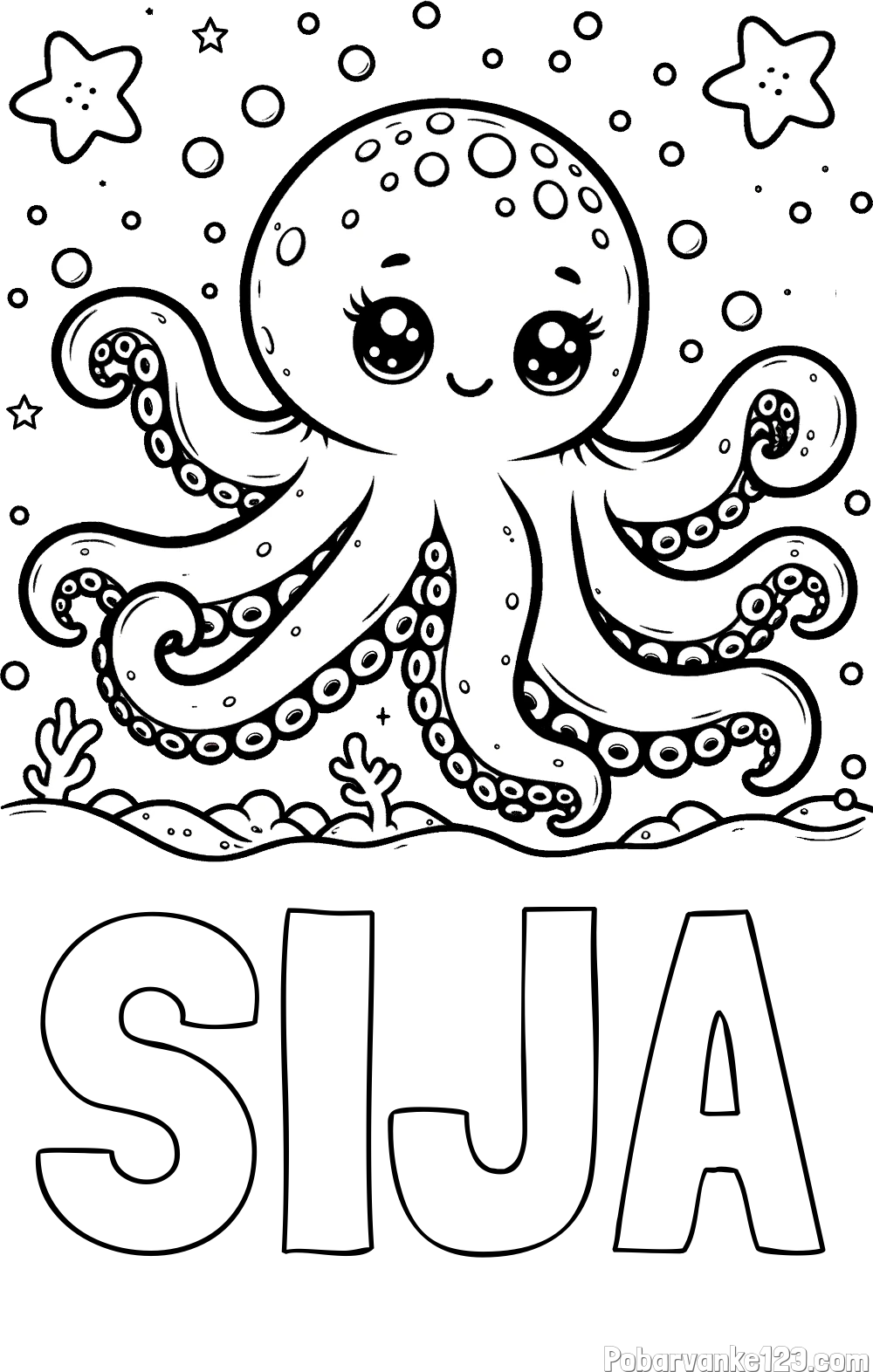 Pobarvanka imena SIJA in pobarvanka hobotnice v morju obdane z morskimi zvezdami