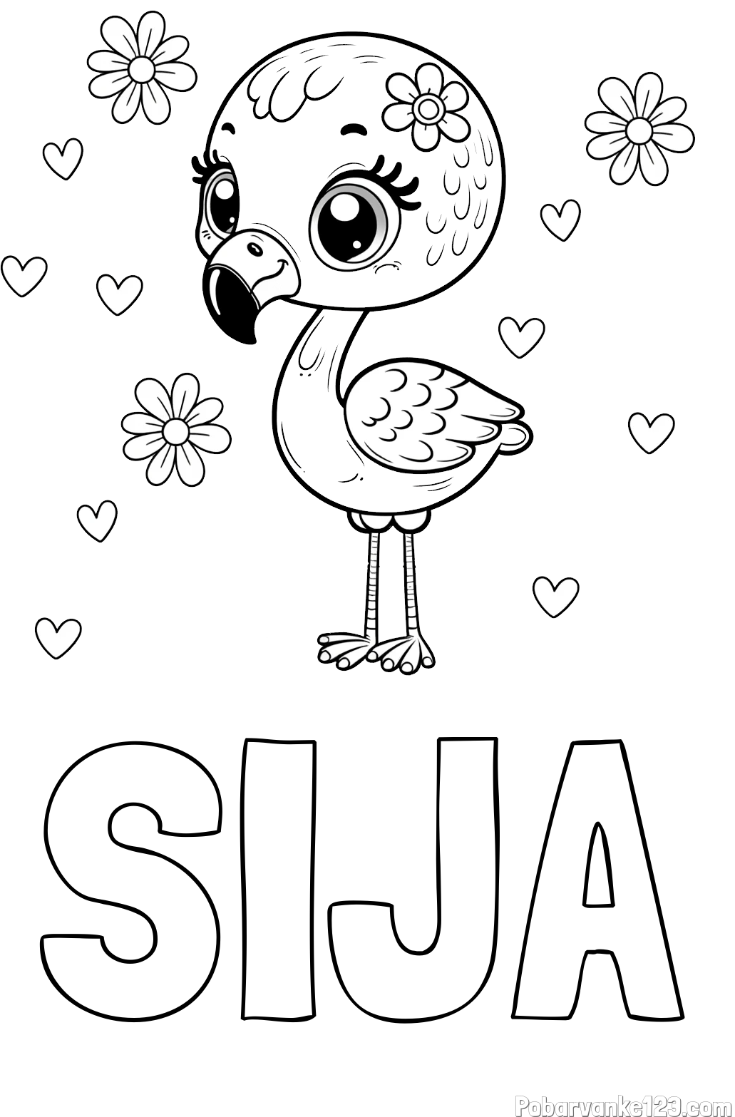 Pobarvanka imena SIJA in pobarvanka mladička flaminga z rožicami in srčki