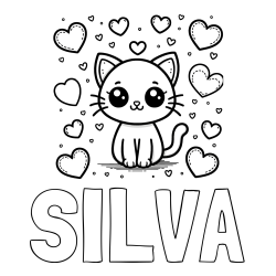 Online izdelana pobarvanka - Pobarvanka imena SILVA in pobarvanka ljubke mucke obdane z veliko srčki