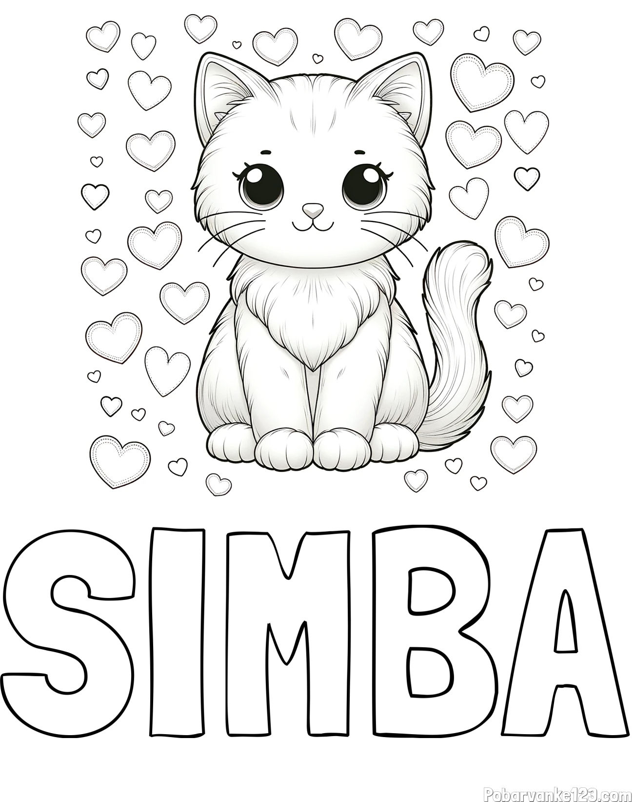 Pobarvanka imena SIMBA in pobarvanka ljubke mucke obdane s srčki