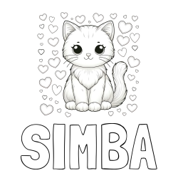 Online izdelana pobarvanka - Pobarvanka imena SIMBA in pobarvanka ljubke mucke obdane s srčki