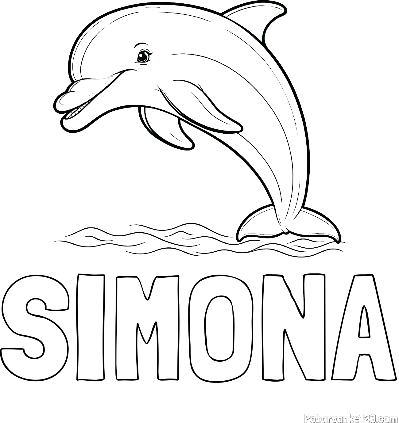 Pobarvanka imena SIMONA in otroška pobarvanka nasmejanega delfina v skoku