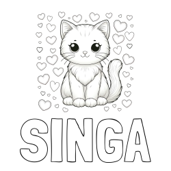 Online izdelana pobarvanka - Pobarvanka imena SINGA in pobarvanka ljubke mucke obdane s srčki