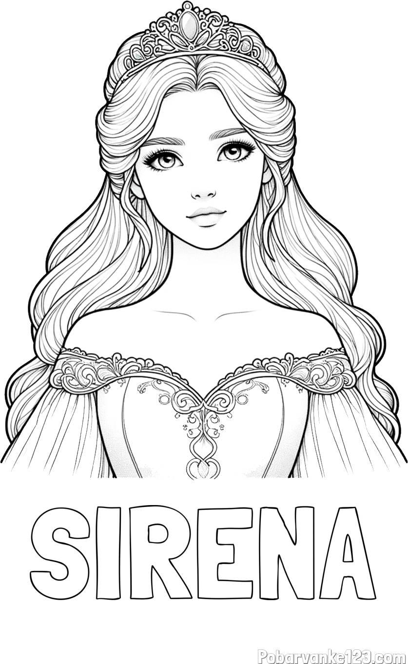 Pobarvanka imena SIRENA in pobarvanka realistične princese