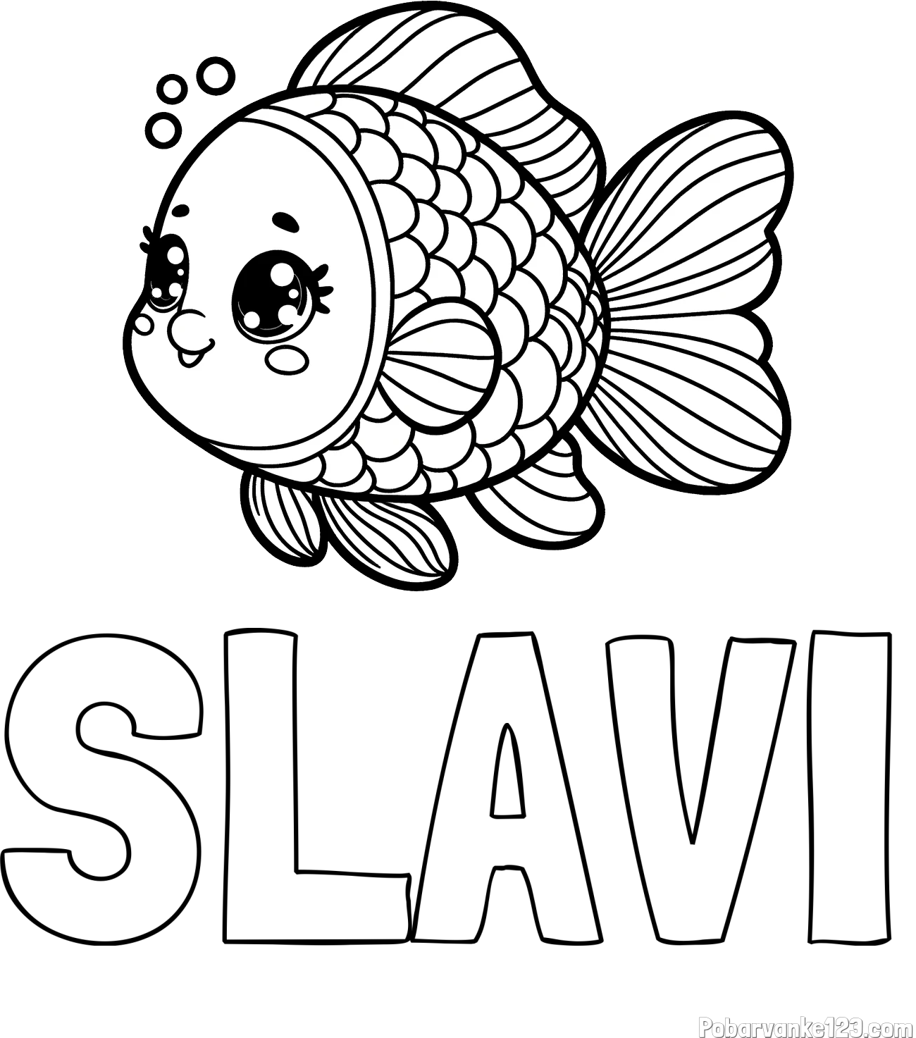 Pobarvanka imena SLAVI in pobarvanka ribe z bujnimi plavutmi