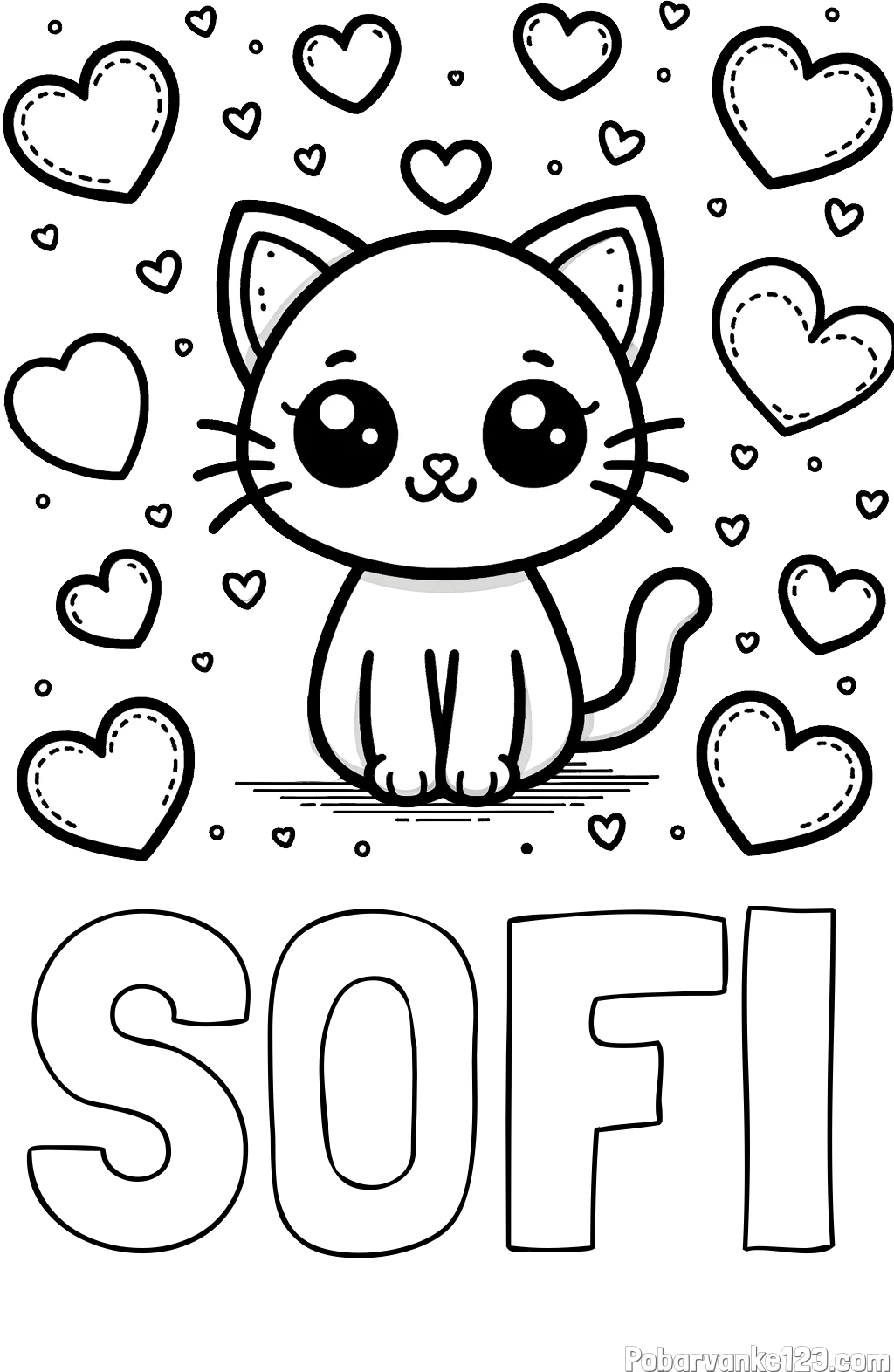 Pobarvanka imena SOFI in pobarvanka ljubke mucke obdane z veliko srčki