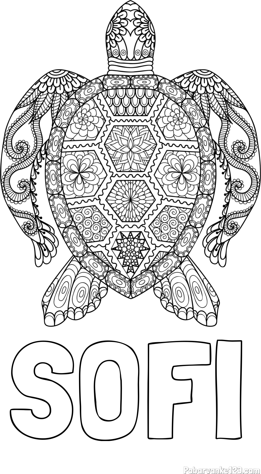 Pobarvanka imena SOFI in pobarvanka želve - mandale