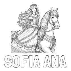 Online izdelana pobarvanka - Pobarvanka imena SOFIA ANA in pobarvanka nasmejana princese na konju