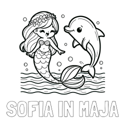 Online izdelana pobarvanka - Pobarvanka imena SOFIA IN MAJA in pobarvanka ljubke morske deklice, ki pleše z delfinom
