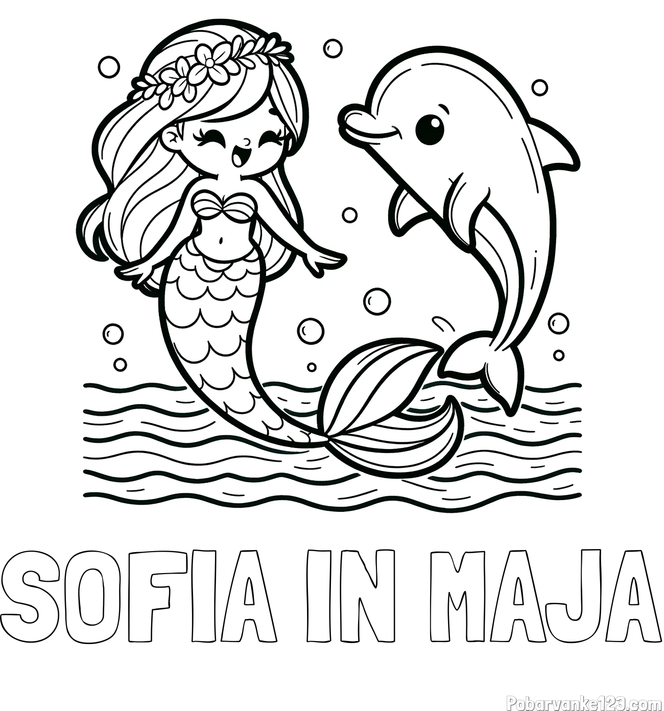 Pobarvanka imena SOFIA IN MAJA in pobarvanka ljubke morske deklice, ki pleše z delfinom