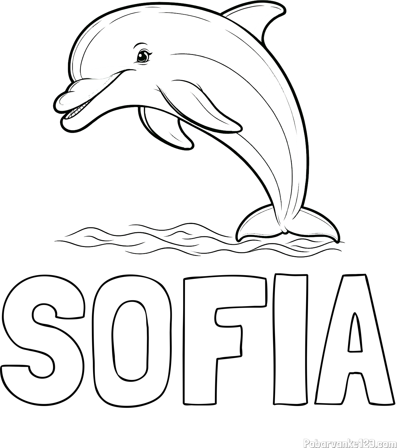 Pobarvanka imena SOFIA in otroška pobarvanka nasmejanega delfina v skoku