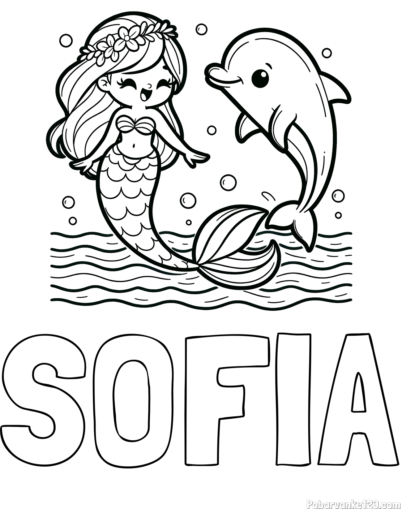 Pobarvanka imena SOFIA in pobarvanka ljubke morske deklice, ki pleše z delfinom