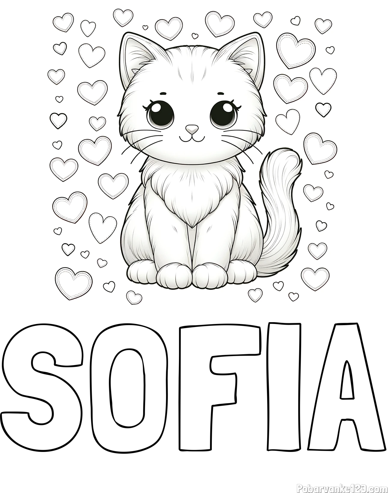 Pobarvanka imena SOFIA in pobarvanka ljubke mucke obdane s srčki
