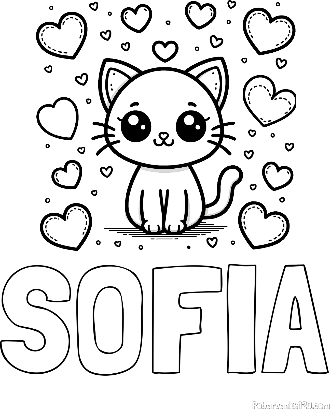 Pobarvanka imena SOFIA in pobarvanka ljubke mucke obdane z veliko srčki