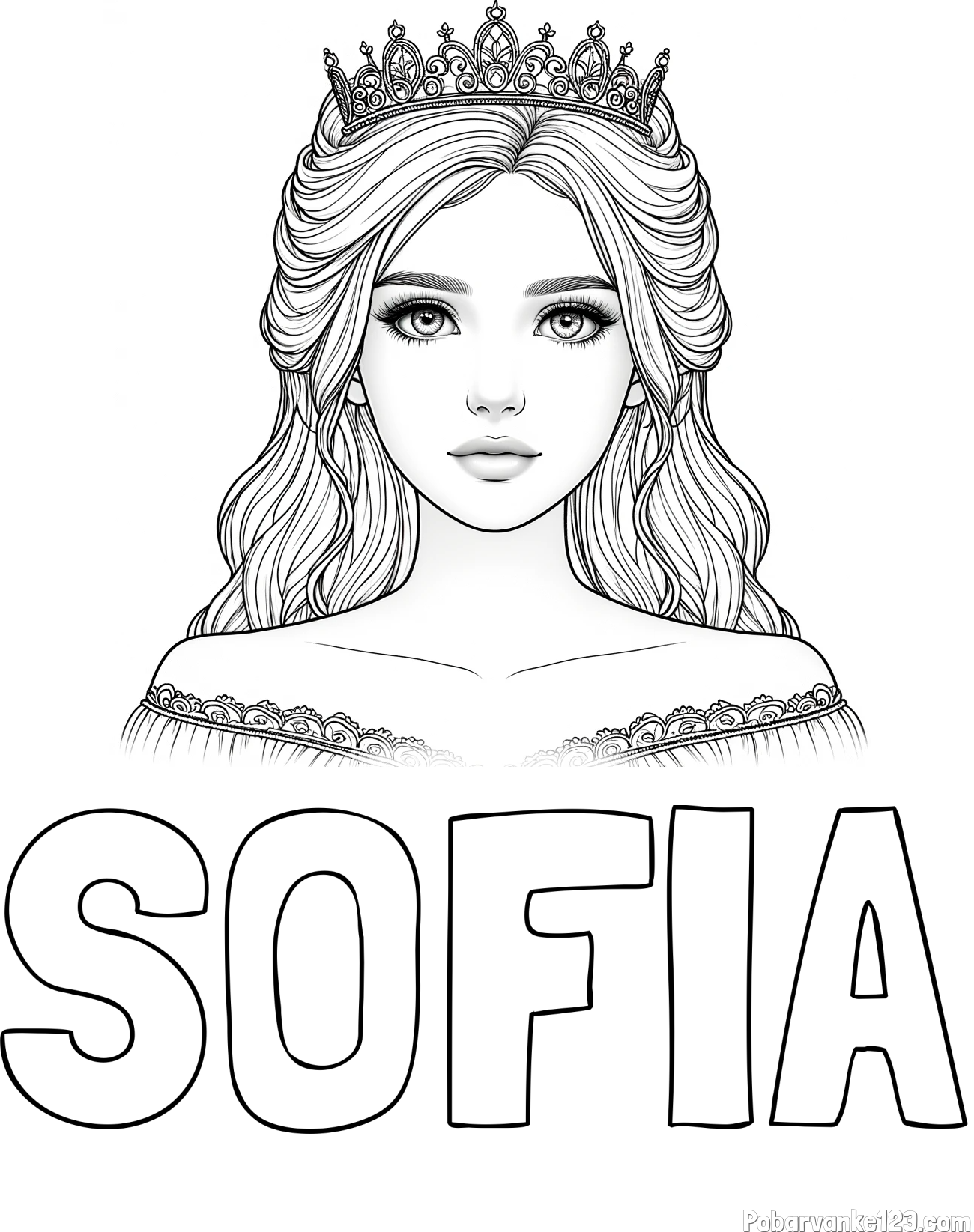 Pobarvanka imena SOFIA in pobarvanka prikupne princeske s čudovitimi očmi
