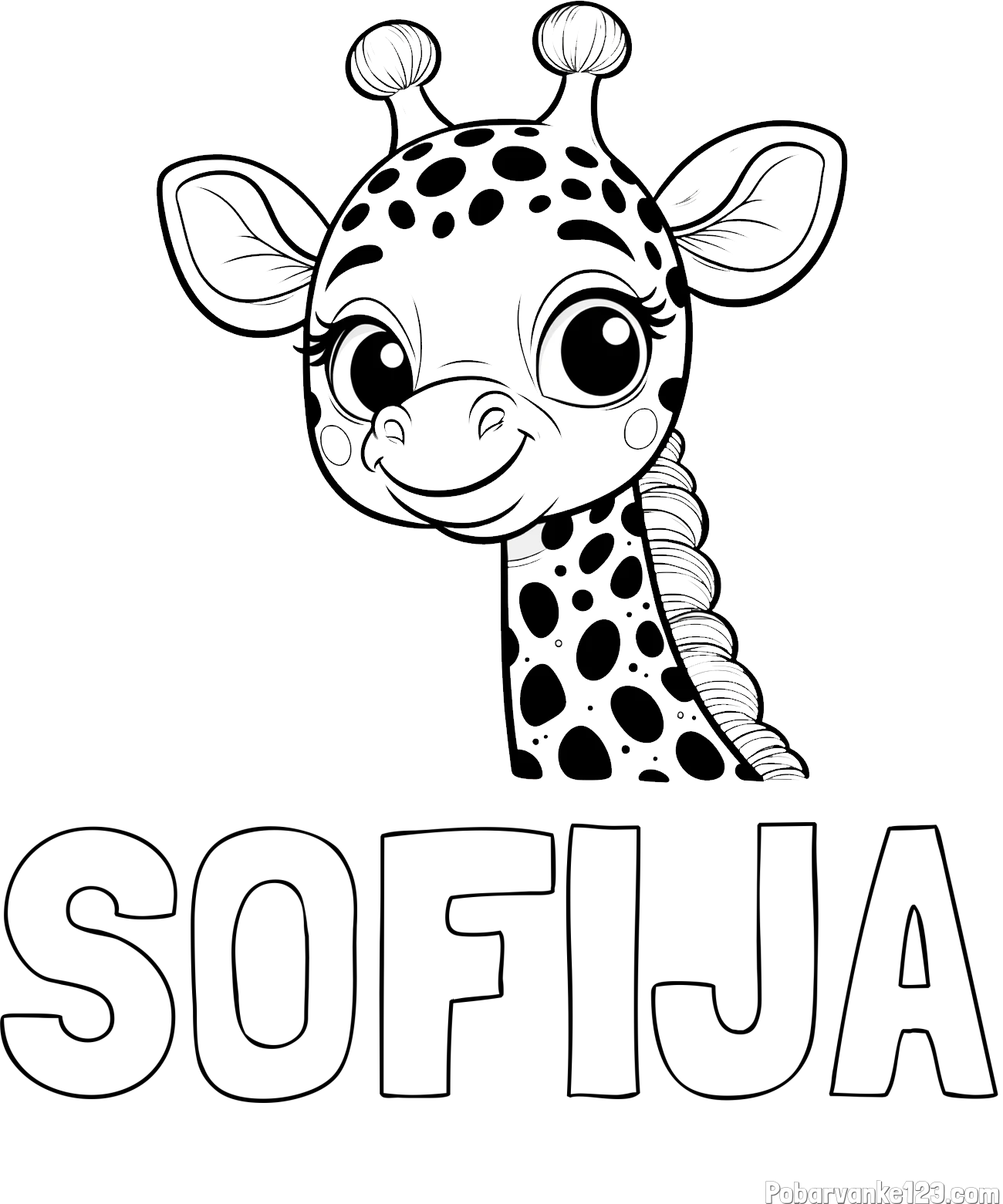 Pobarvanka imena SOFIJA in pobarvanka ljubke žirafe z velikimi očmi