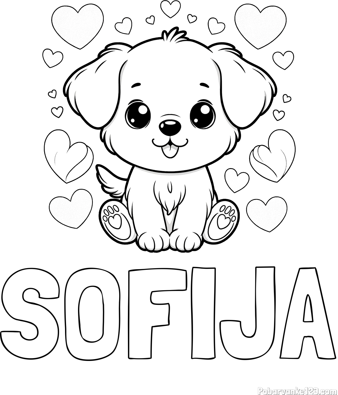 Pobarvanka imena SOFIJA in pobarvanka ljubkega kužka obdanega s srčki
