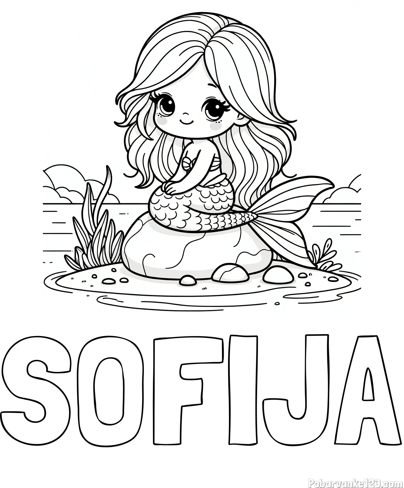 Pobarvanka imena SOFIJA in pobarvanka prikupne morske deklice, ki sedi na kamnu ob obali