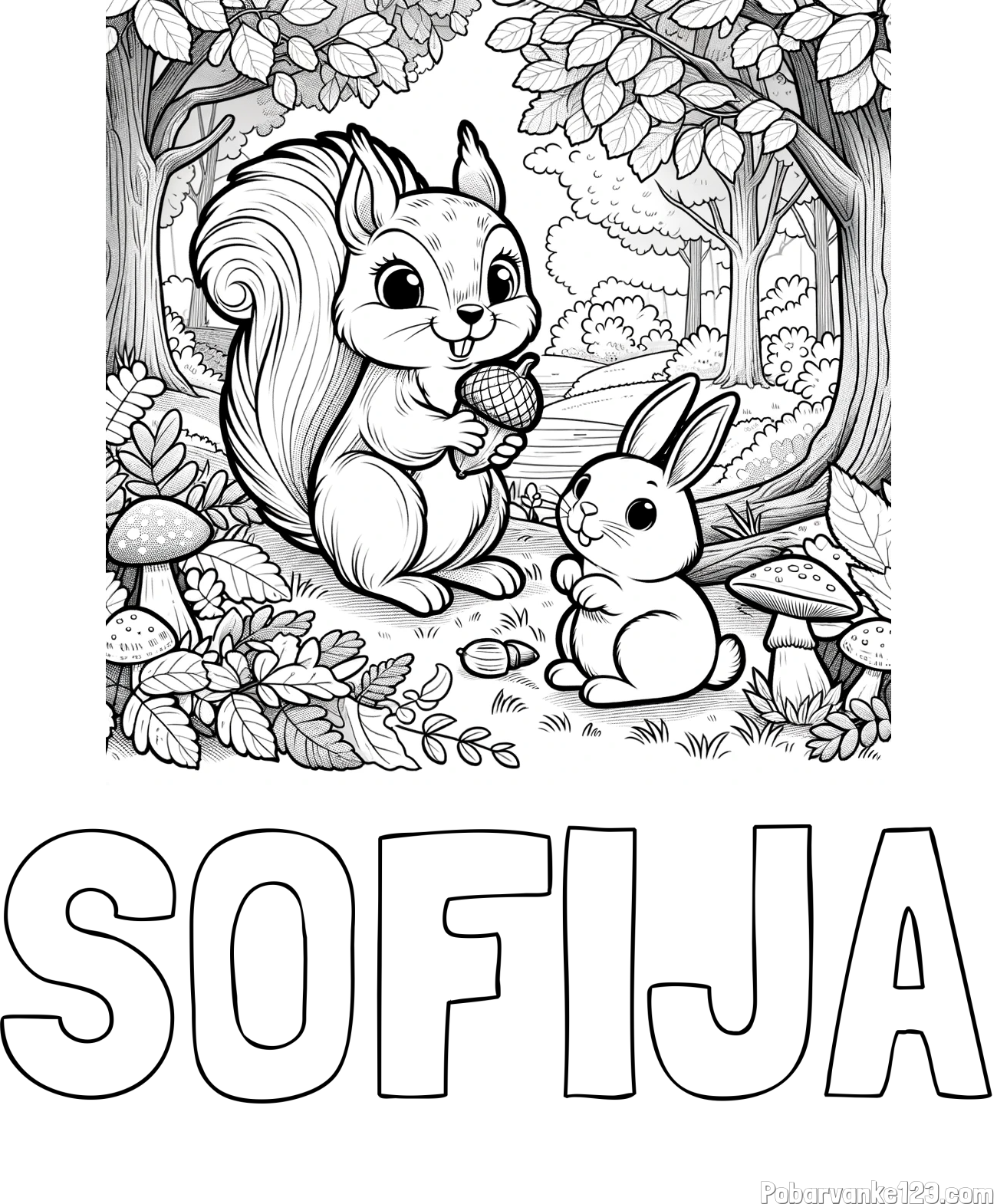 Pobarvanka imena SOFIJA in pobarvanka veveričke in zajčka v gozdu
