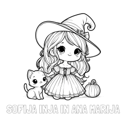 Online izdelana pobarvanka - Pobarvanka imena SOFIJA INJA IN ANA MARIJA in pobarvanka ljubke čarovnice, muce in buče