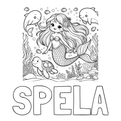Pobarvanka imena ŠPELA in pobarvana ljubke morske deklice s prijatelji