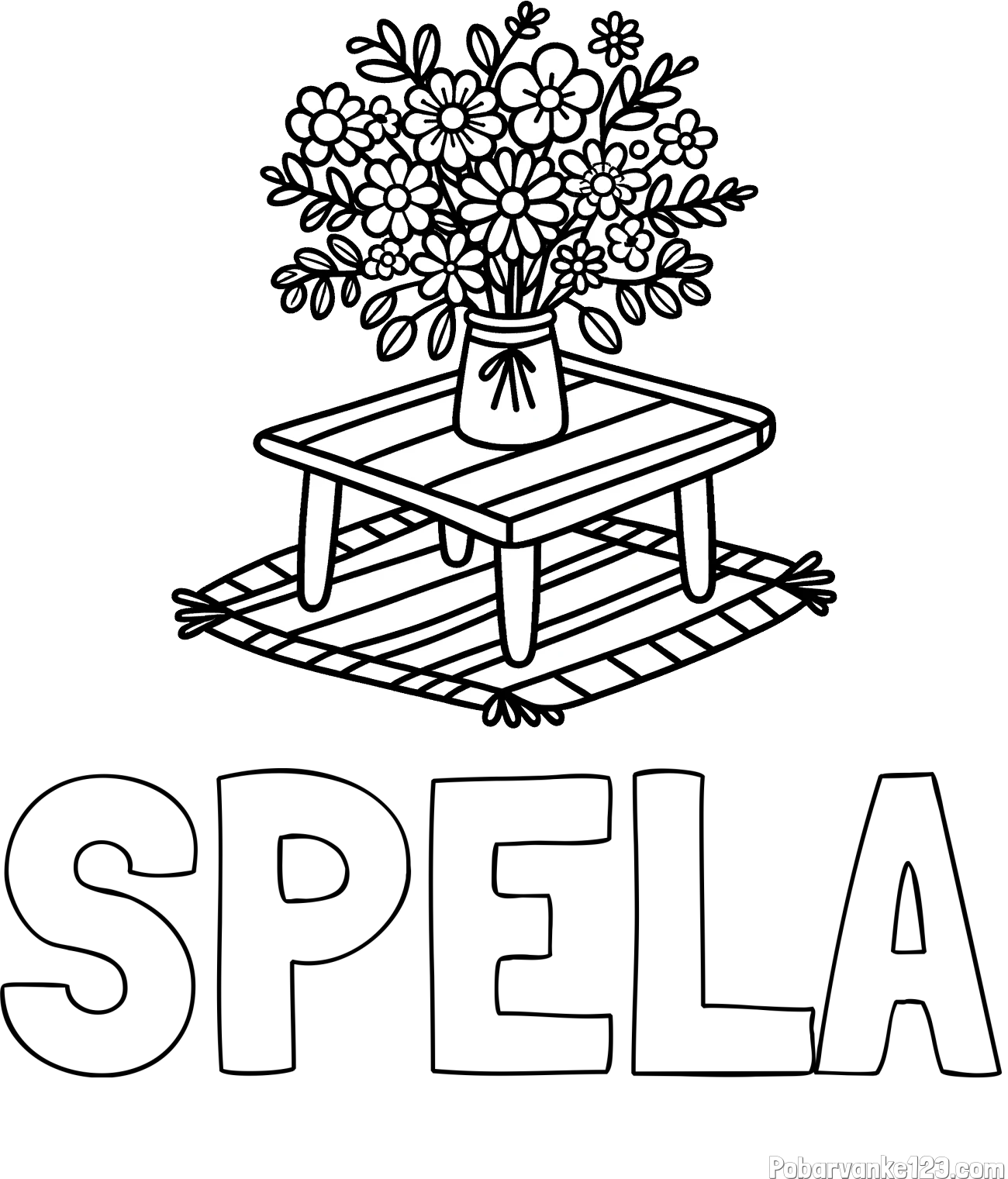 Pobarvanka imena ŠPELA in pobarvanka šopka rož na mizi