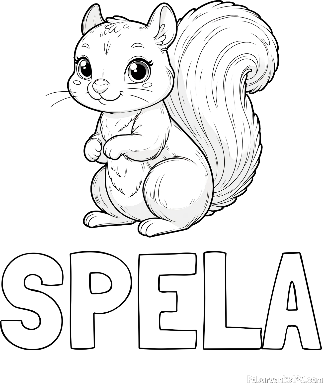 Pobarvanka imena SPELA in pobarvanka zelo ljubke in nasmejane veverice