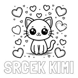 Online izdelana pobarvanka - Pobarvanka imena SRČEK KIMI in pobarvanka ljubke mucke obdane z veliko srčki
