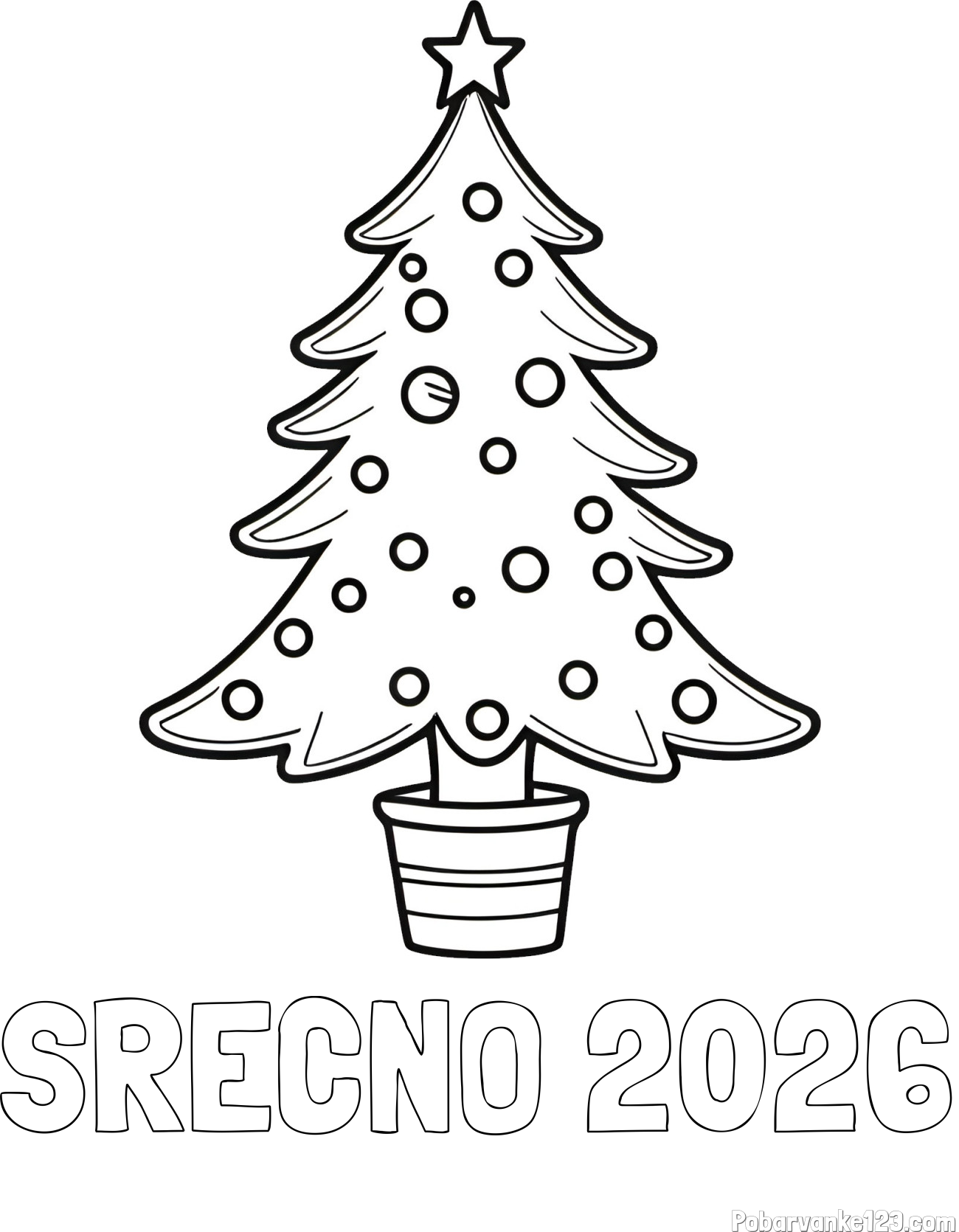 Pobarvanka imena SREČNO 2026 in pobarvanka lepe božične smrečice