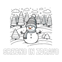Online izdelana pobarvanka - Pobarvanka imena SREČNO IN ZDRAVO in pobarvanka snežaka v naravi obdanega z zasneženimi smrekami