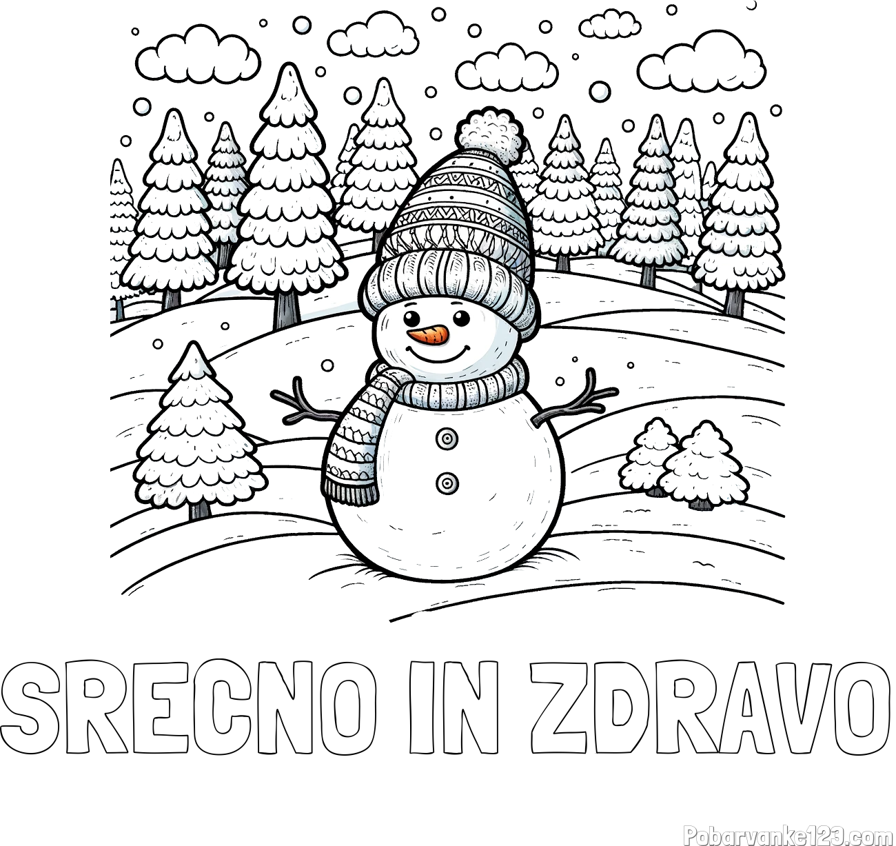 Pobarvanka imena SREČNO IN ZDRAVO in pobarvanka snežaka v naravi obdanega z zasneženimi smrekami