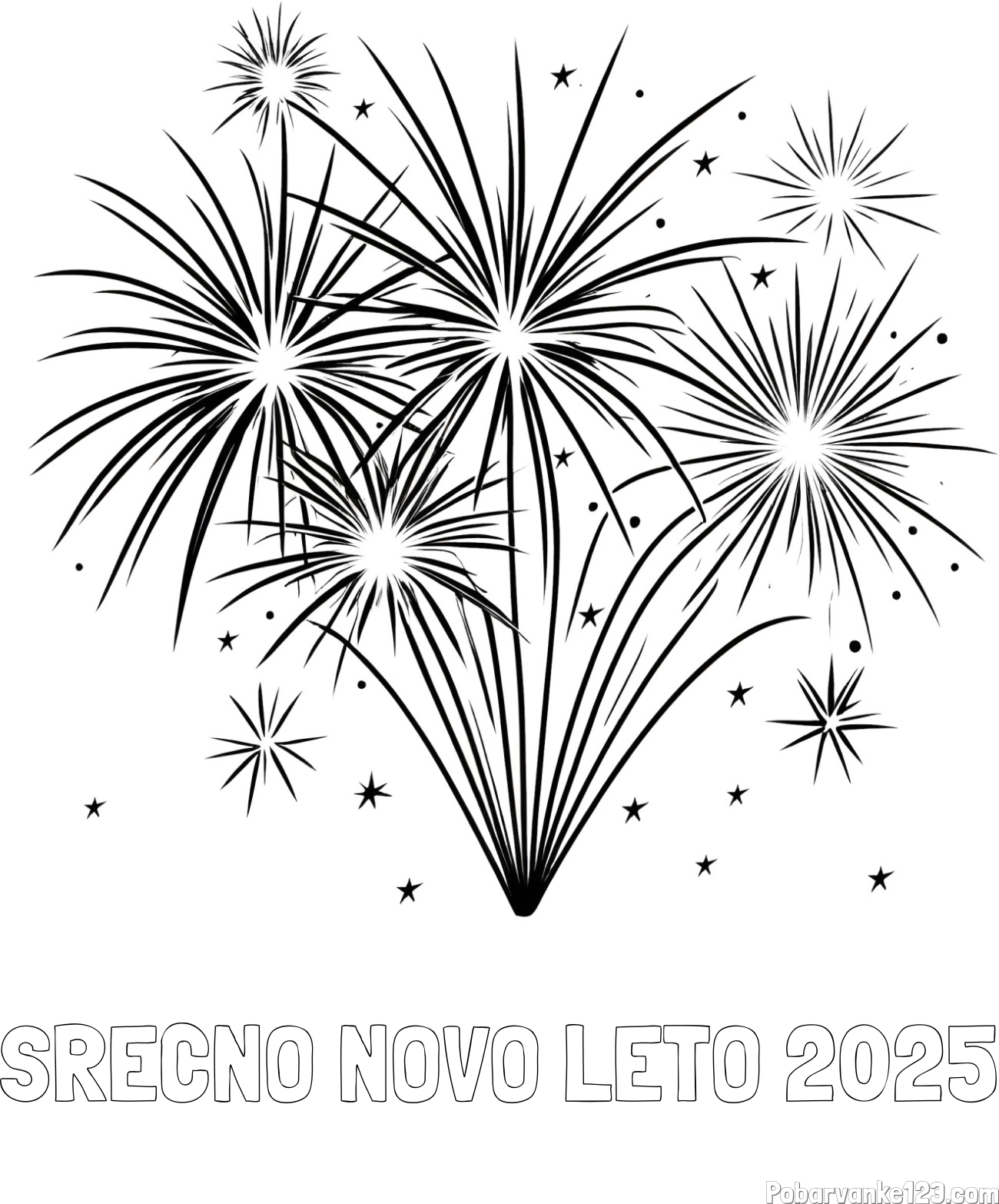 Pobarvanka imena SREČNO NOVO LETO 2025 in pobarvanke velikega ognjemeta