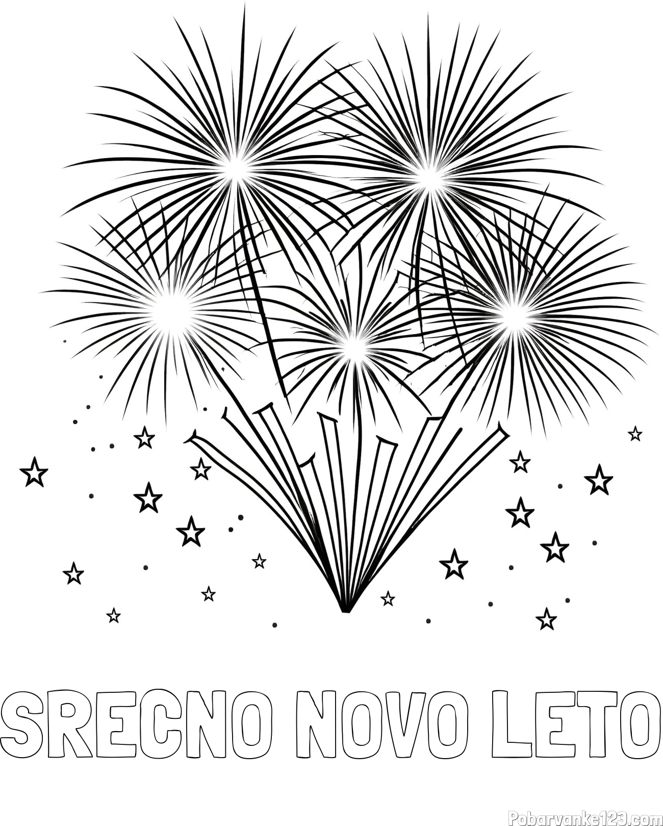 Pobarvanka imena SREČNO NOVO LETO in pobarvanka velikega ognjemeta z zvezdicami