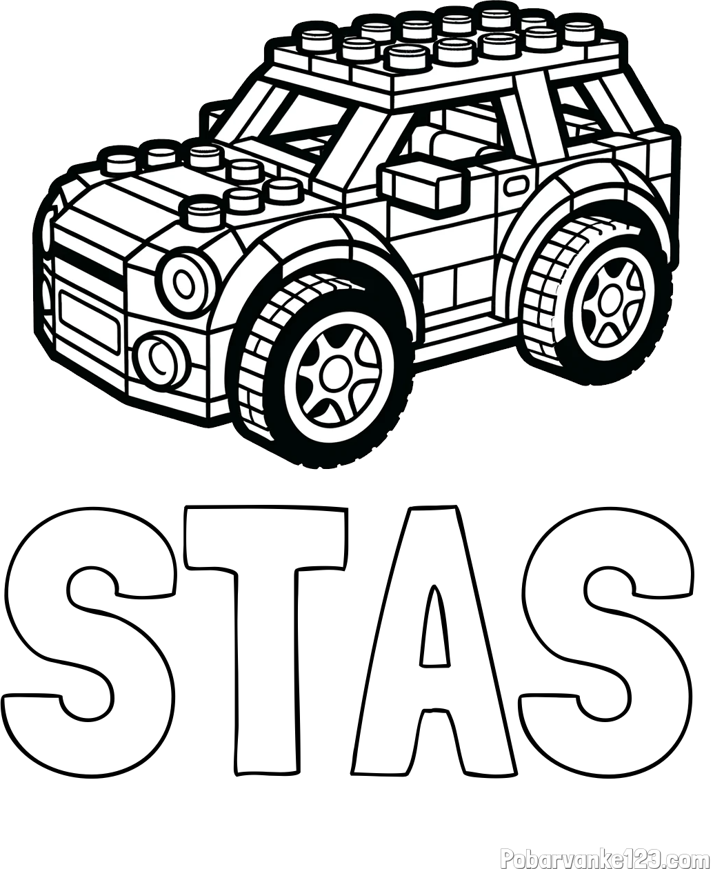 Pobarvanka imena STAŠ in pobarvanka avtomobila sestavljenega iz LEGO kock