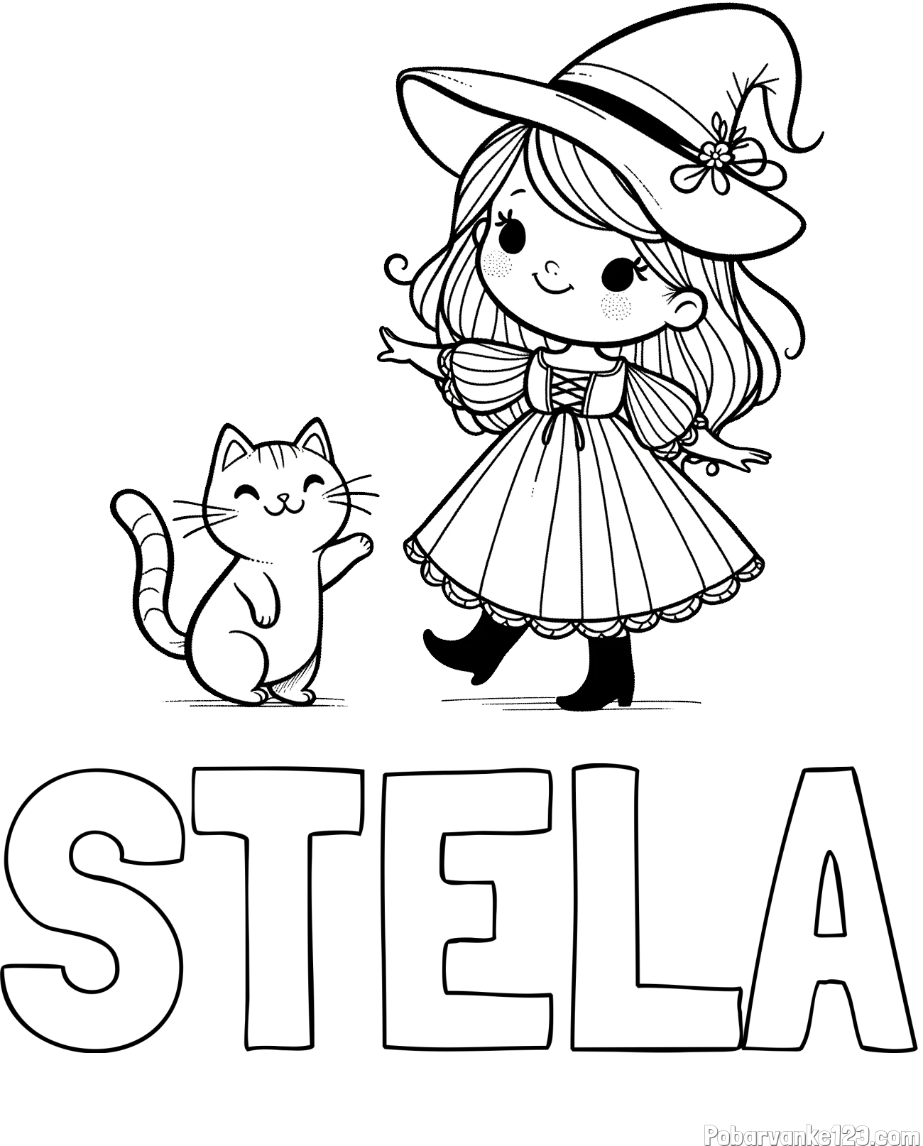 Pobarvanka imena STELA in pobarvanka ljubke čarovnice ter podrednega mačka