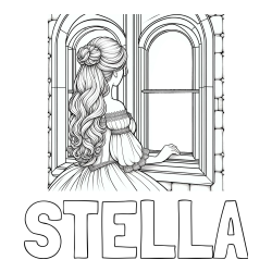 Pobarvanka imena STELLA in pobarvanka princese, ki gleda skozi okno