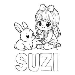 Online izdelana pobarvanka - Pobarvanka imena SUZI in pobarvanka ljubke punčke, ki se igra z zajčkom