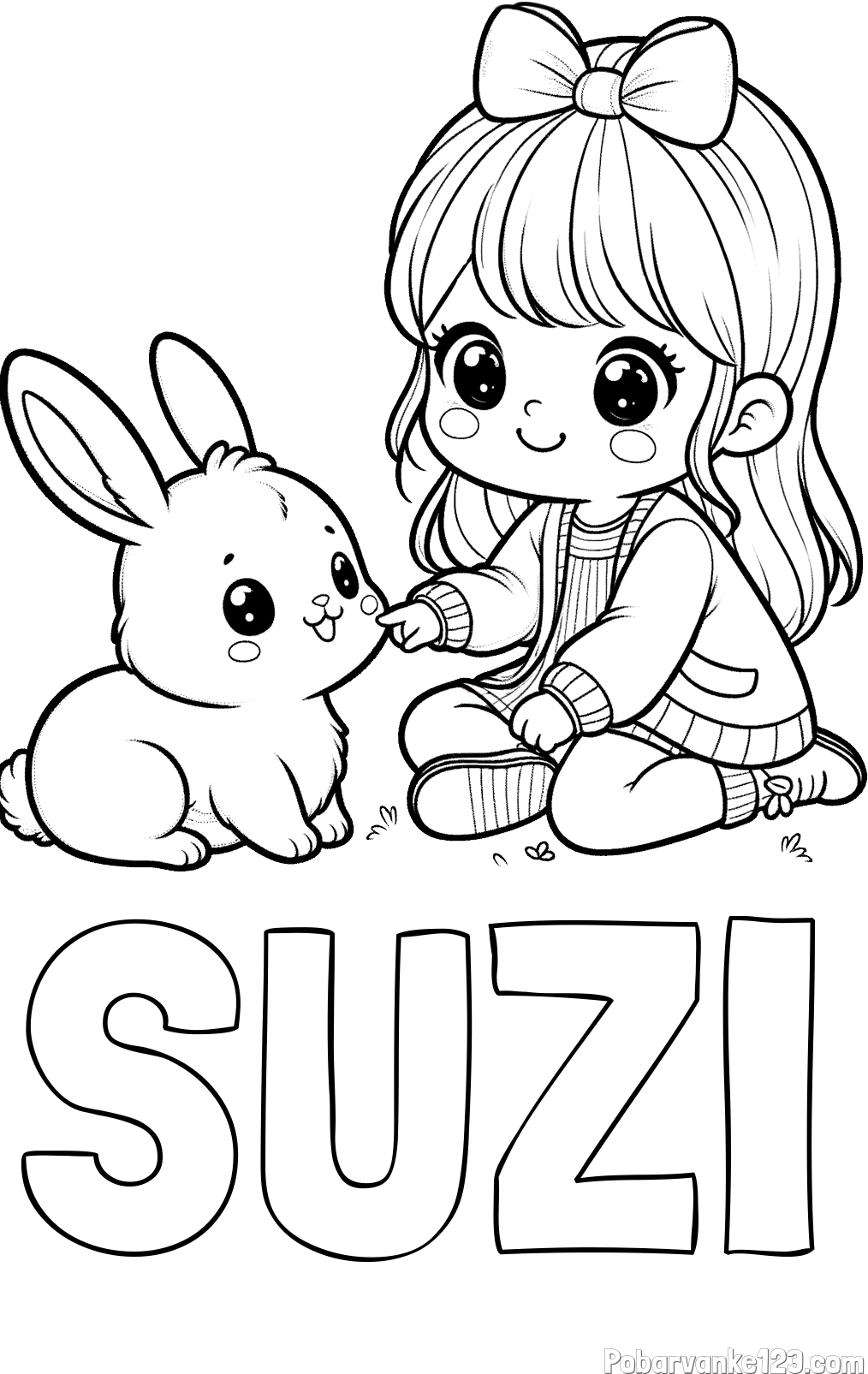Pobarvanka imena SUZI in pobarvanka ljubke punčke, ki se igra z zajčkom
