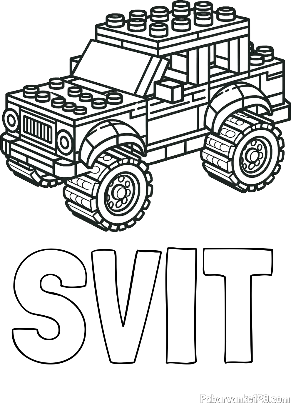 Pobarvanka imena SVIT in pobarvanka džipa sestavljenega iz LEGO kock