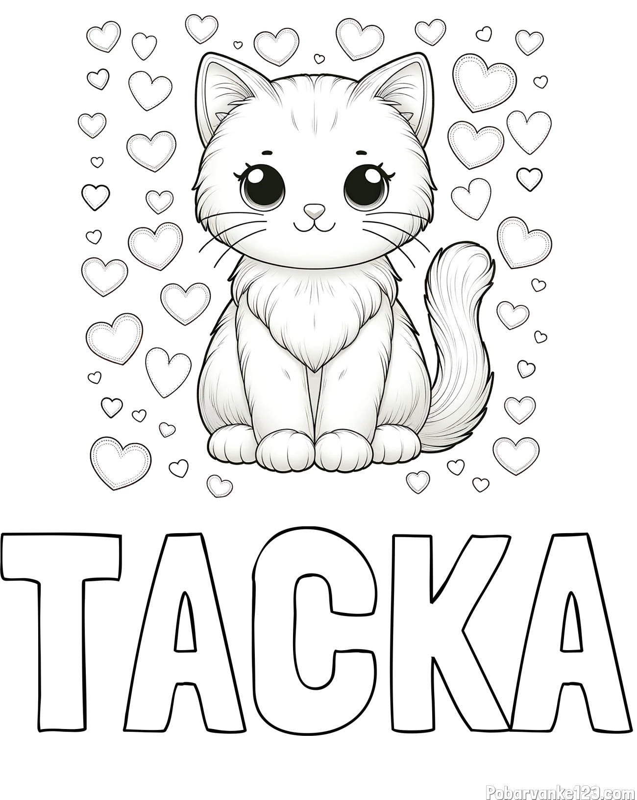 Pobarvanka imena TAČKA in pobarvanka ljubke mucke obdane s srčki