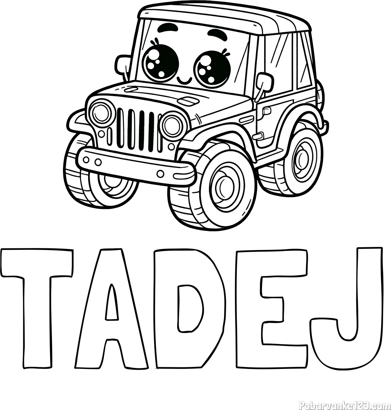 Pobarvanka imena TADEJ in otroška pobarvanka nasmejanega jeep-a