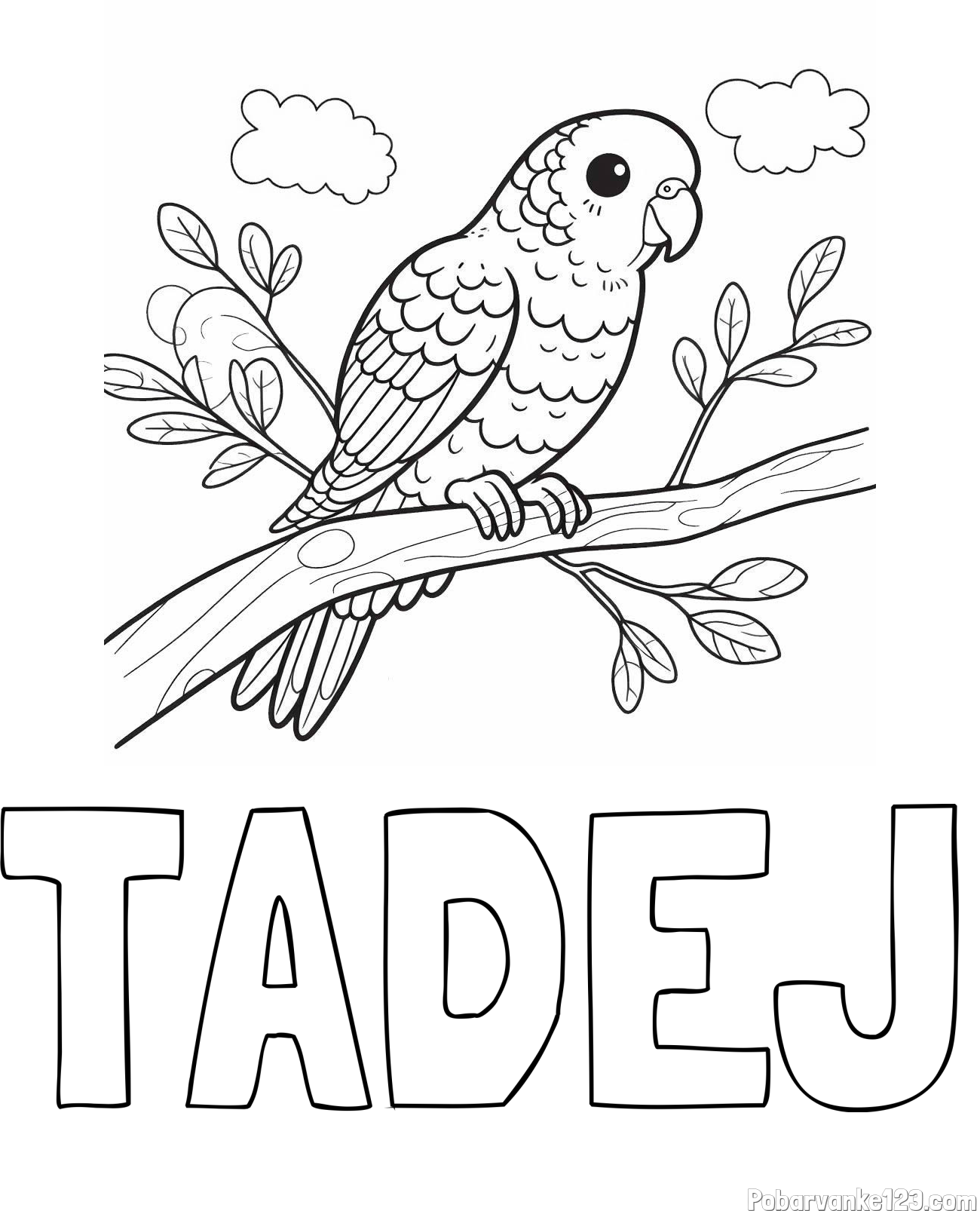 Pobarvanka imena TADEJ in pobarvanka ljubkega kanarčka na veji