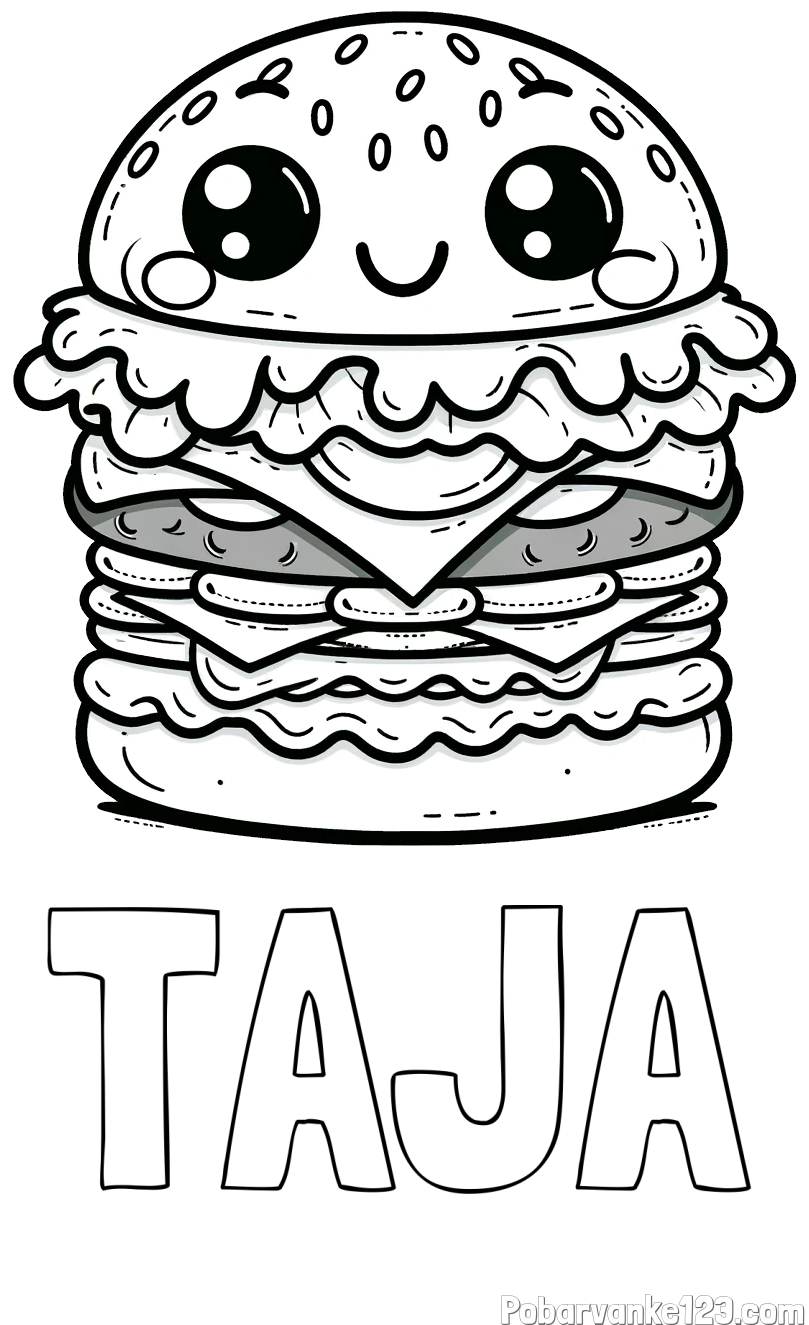 Pobarvanka imena TAJA in otroška pobarvanka nasmejanega hamburgerja