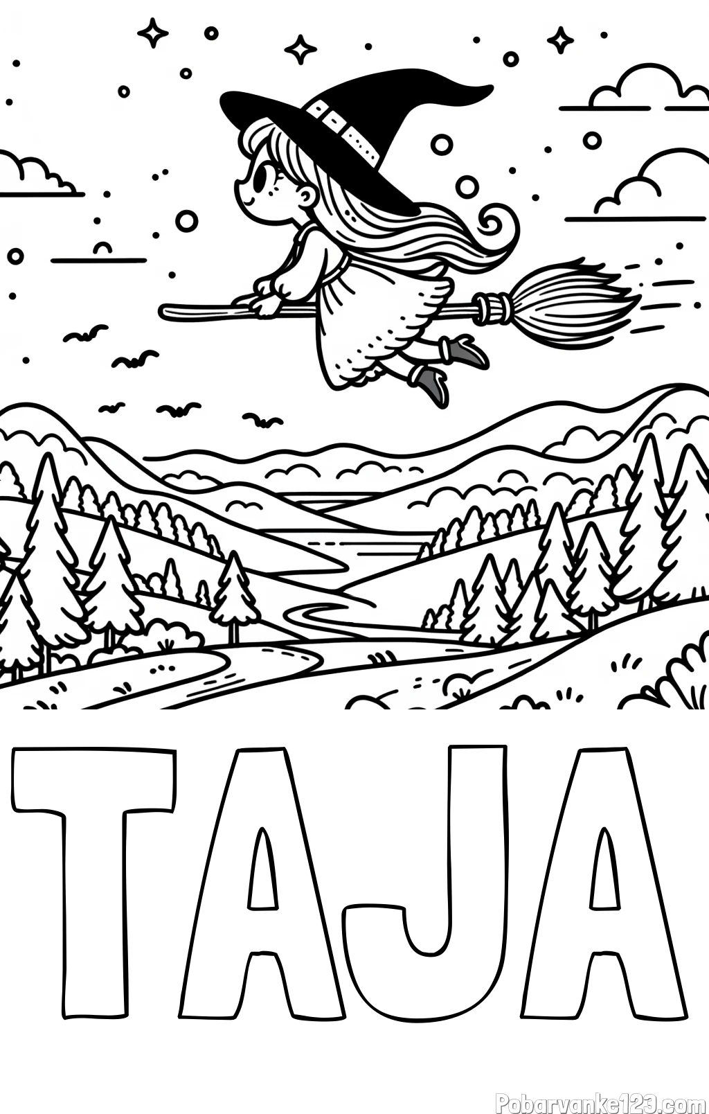Pobarvanka imena TAJA in pobarvanka čarovnice, ki leti na metli