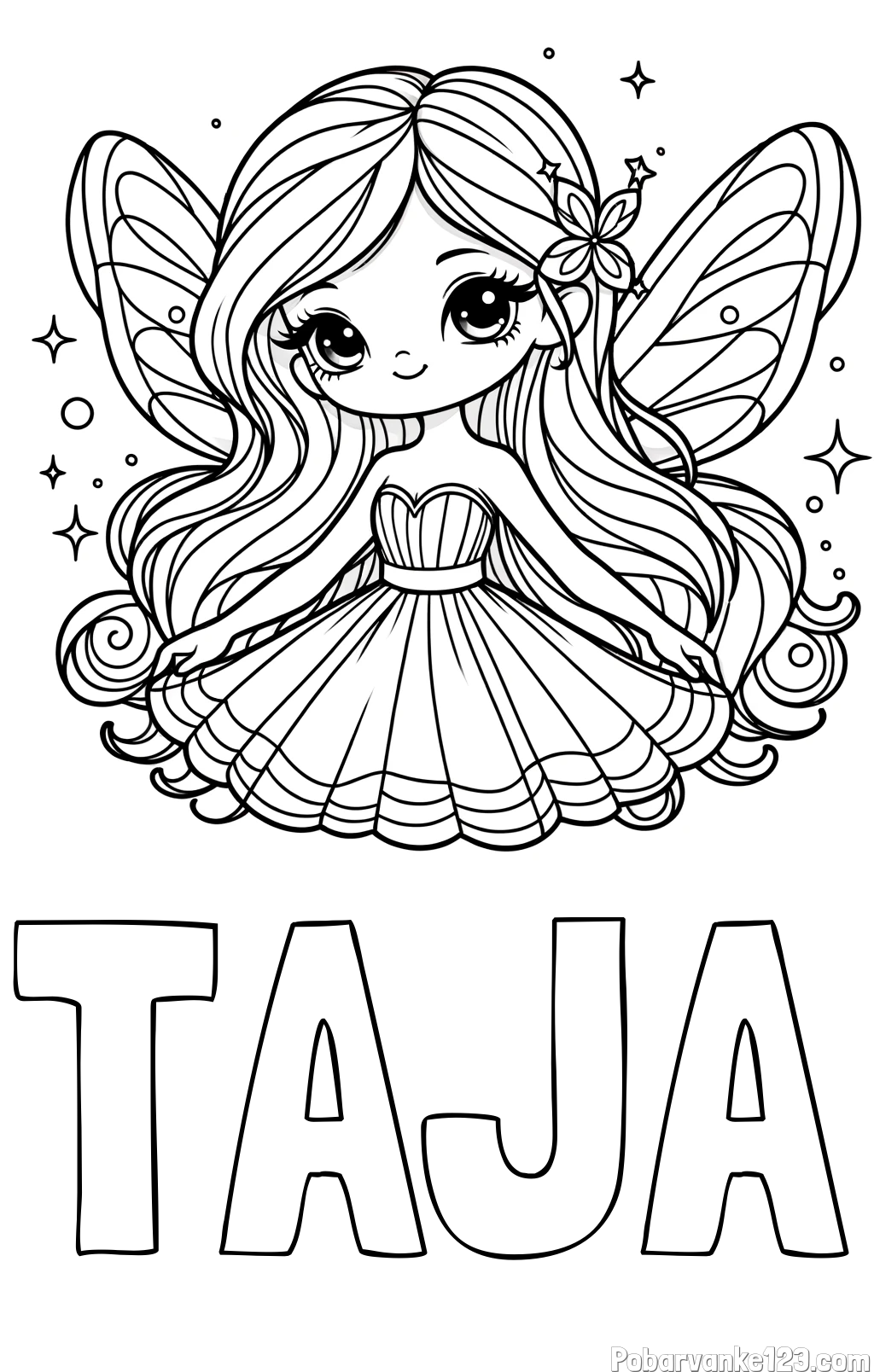 Pobarvanka imena TAJA in pobarvanka ljubke in nasmejane čarobne vile