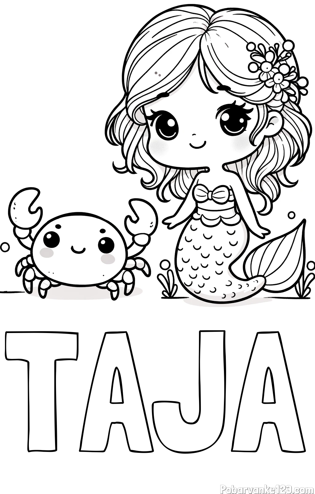 Pobarvanka imena TAJA in pobarvanka ljubke morske deklice in veselega raka